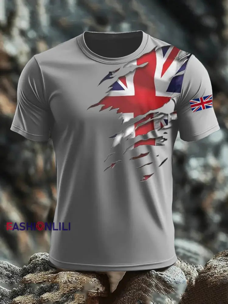 Men’s Britsh Imitation Cotton Short-Sleeved Printed T-shirt Gray / S