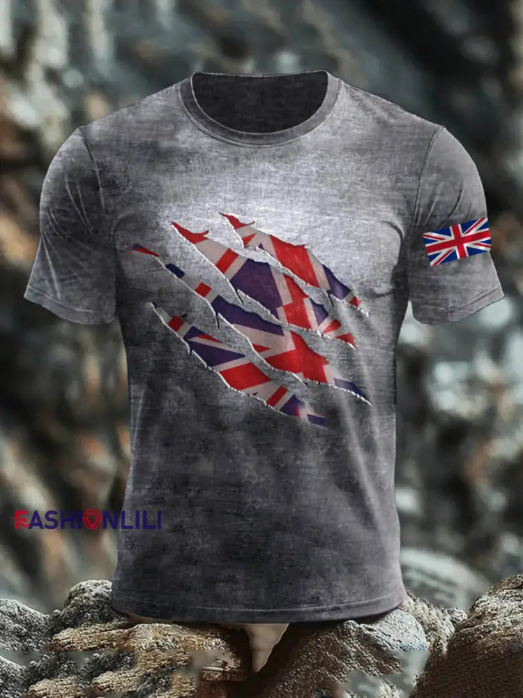 Men’s Britsh Imitation Cotton Short-Sleeved Printed T-shirt Gray / S