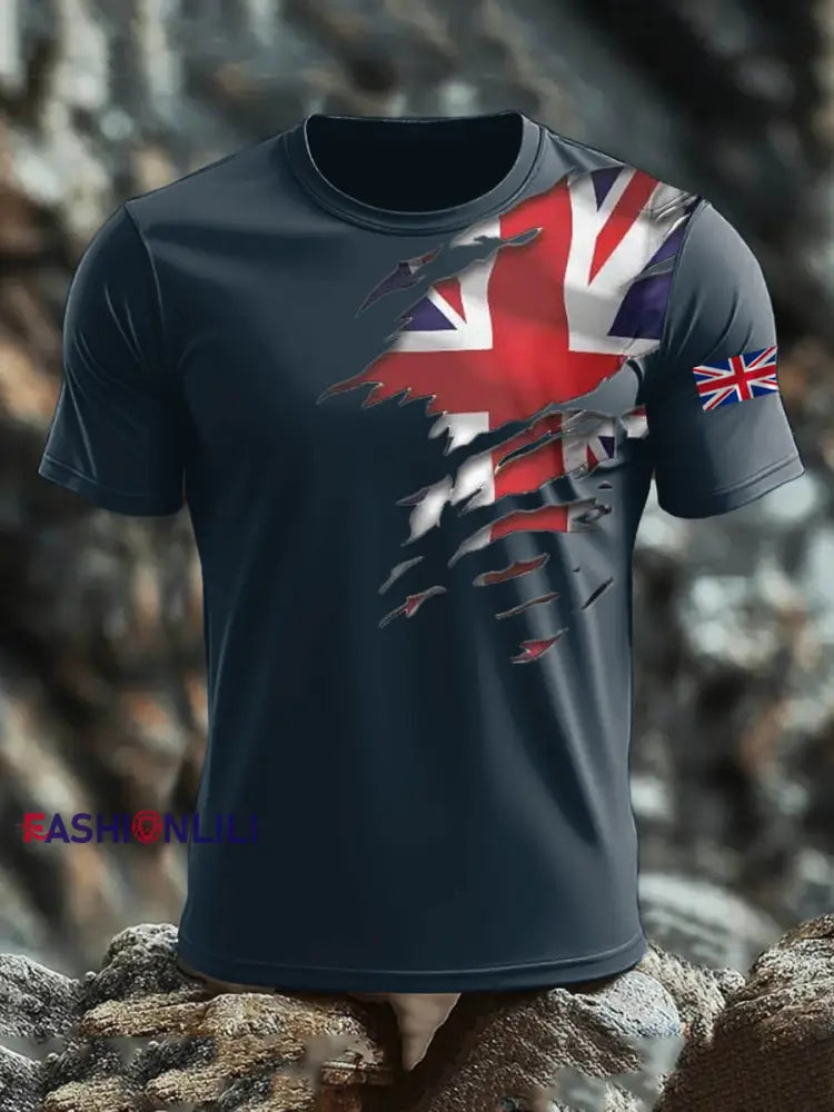 Men’s Britsh Imitation Cotton Short-Sleeved Printed T-shirt Navy Blue / S