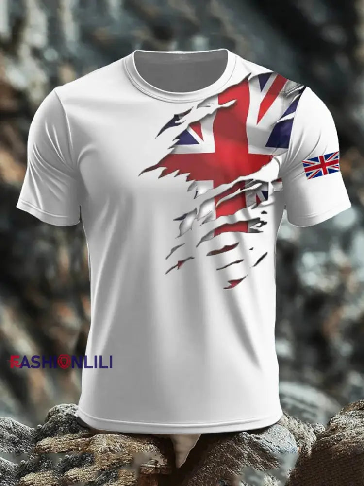 Men’s Britsh Imitation Cotton Short-Sleeved Printed T-shirt White / S