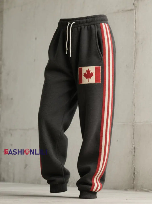 Men’s Canadian Flag Embroidered Casual Pants Black / S