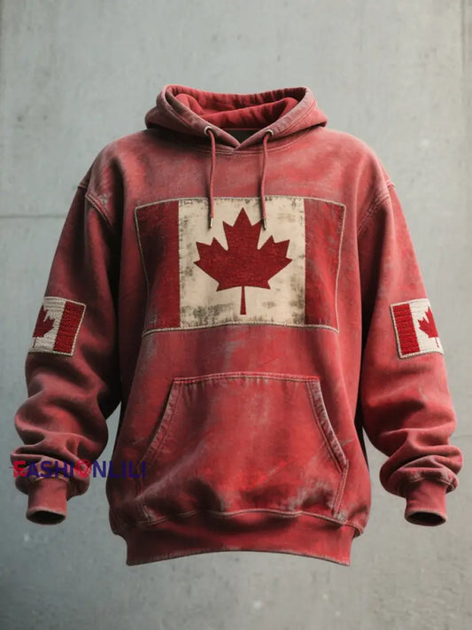 Men’s Canadian Flag Embroidered Vintage Hoodie Red / S