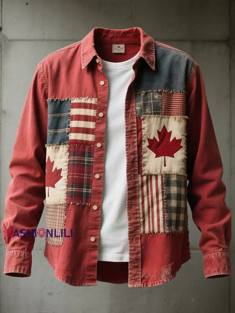 Men’s Canadian Flag Inspired Maple Leaf Pattern Patchwork Art Shirt Red / S