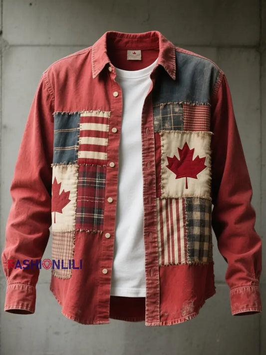 Men’s Canadian Flag Inspired Maple Leaf Pattern Patchwork Art Shirt Red / S