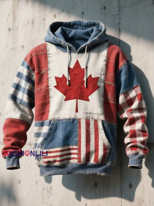 Men’s Canadian Flag Inspired Patchwork Art Hoodie As picture / S