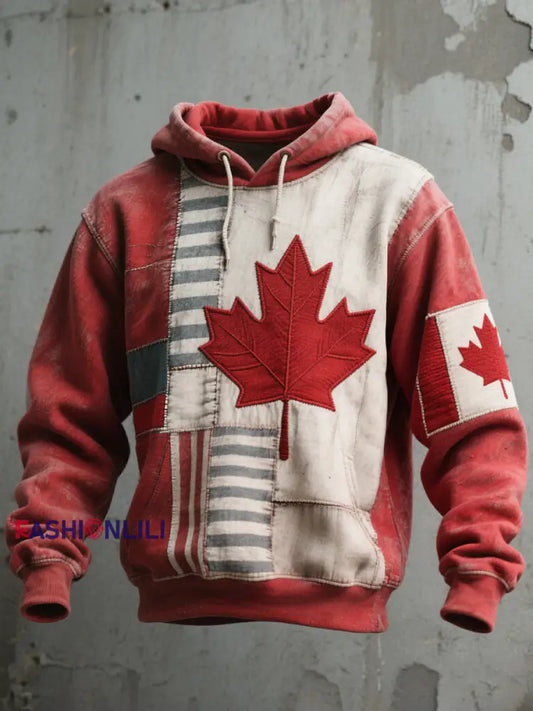 Men’s Canadian Flag Inspired Patchwork Art Vintage Hooded As picture / S
