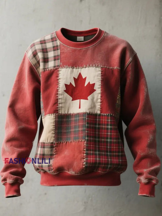 Men’s Canadian Flag Inspired Patchwork Art Vintage Sweatshirt Red / S