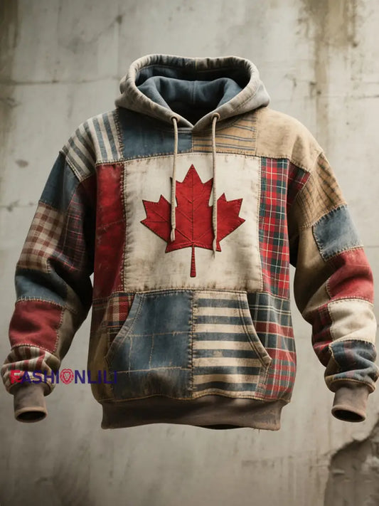 Men’s Canadian Flag Inspired Patchwork Art Vintage Washed Hoodie As picture / S