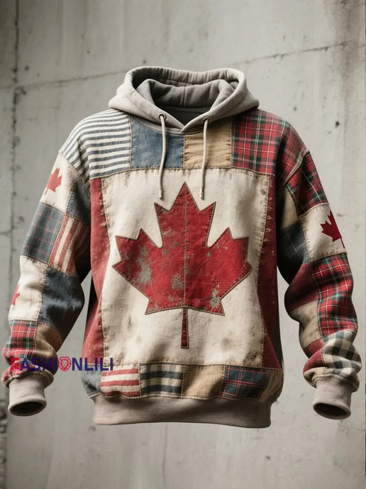 Men’s Canadian Flag Inspired Patchwork Art Vintage Washed Hoodie As picture / S