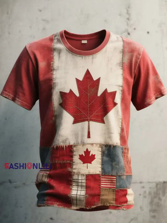 Men’s Canadian Flag Inspired Patchwork Art Washed T-Shirt As picture / S