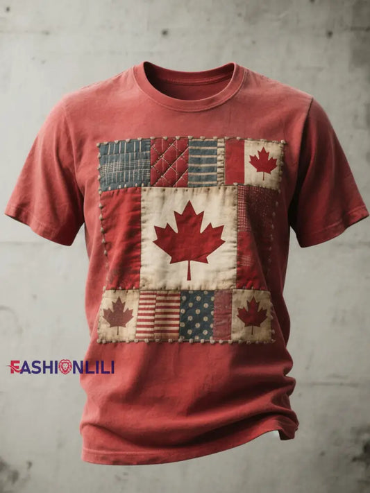 Men’s Canadian Flag Inspired Patchwork Art Washed T-Shirt Red / S