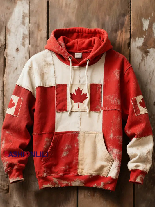 Men’s Canadian Flag Patchwork Art Vintage Hoodie As picture / S