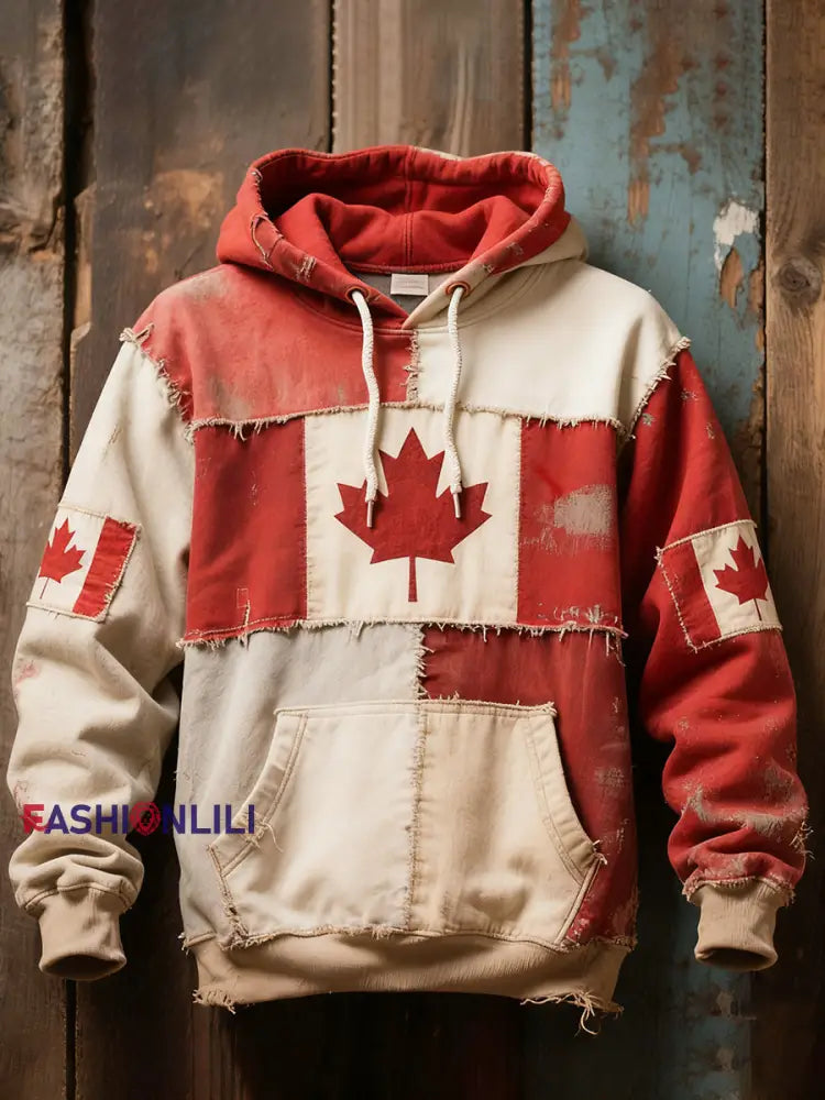 Men’s Canadian Flag Patchwork Art Vintage Hoodie As picture / S
