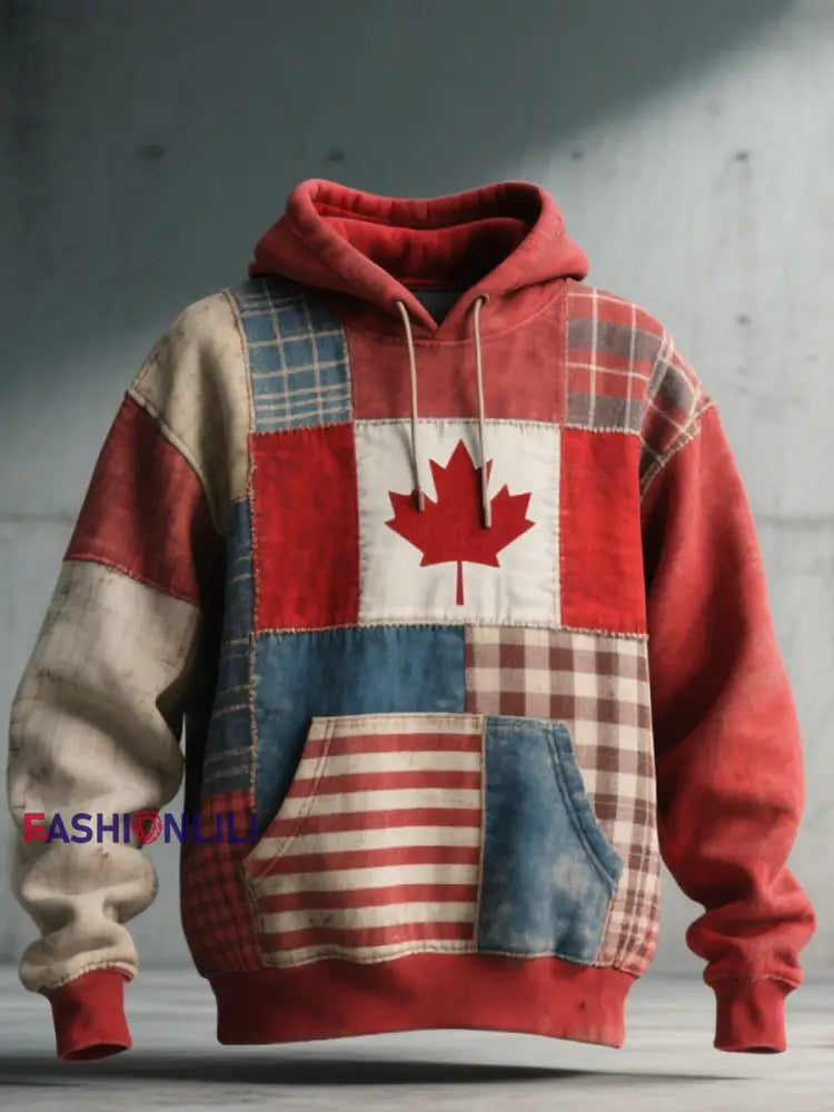 Men’s Canadian Inspired Patchwork Art Vintage Hoodie Red / S