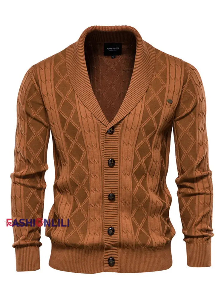 Men’s Casual Diamond Check Knit Lapel Cardigan