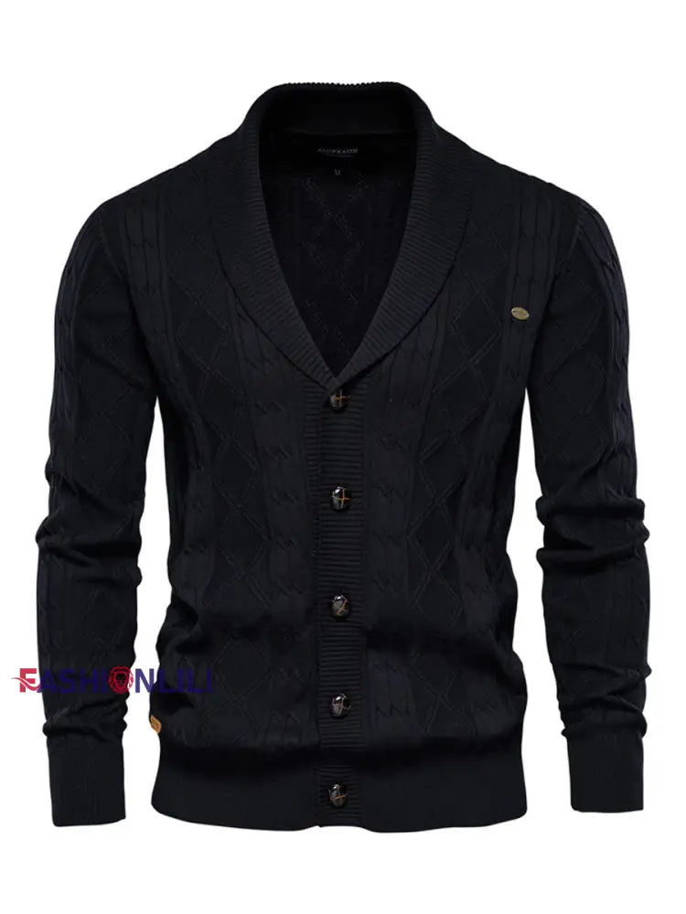 Men’s Casual Diamond Check Knit Lapel Cardigan Black / M