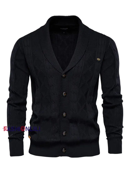 Men’s Casual Diamond Check Knit Lapel Cardigan Black / M