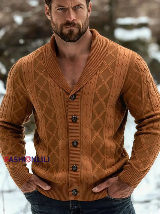 Men’s Casual Diamond Check Knit Lapel Cardigan Caramel / M