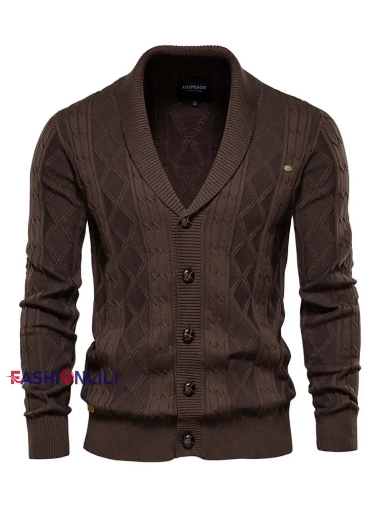 Men’s Casual Diamond Check Knit Lapel Cardigan Coffee / M