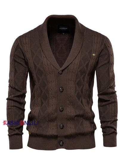 Men’s Casual Diamond Check Knit Lapel Cardigan Coffee / M