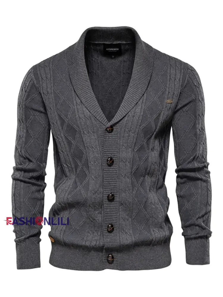 Men’s Casual Diamond Check Knit Lapel Cardigan Dark Gray / M