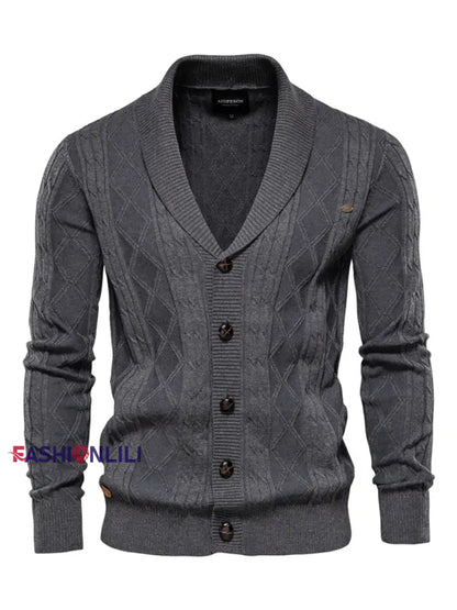 Men’s Casual Diamond Check Knit Lapel Cardigan Dark Gray / M