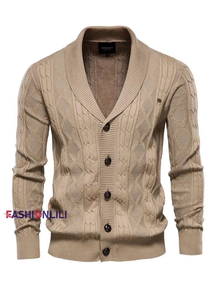 Men’s Casual Diamond Check Knit Lapel Cardigan Khaki / M