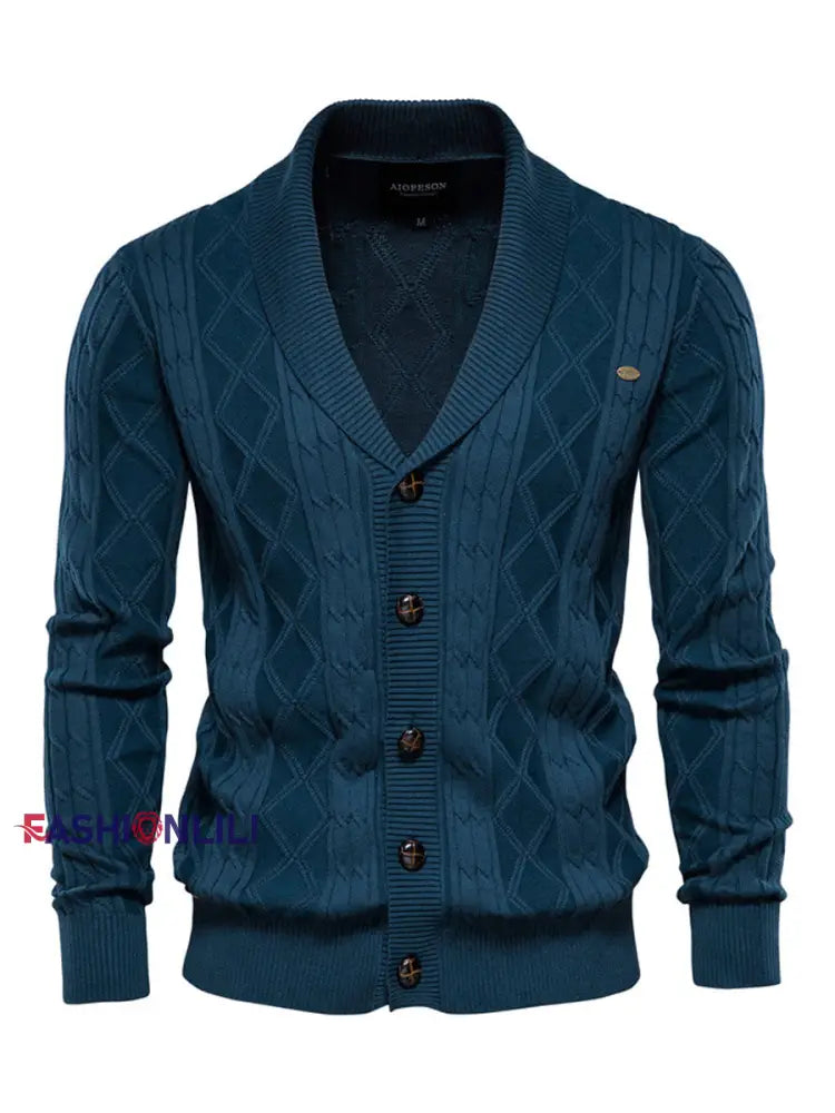Men’s Casual Diamond Check Knit Lapel Cardigan Navy Blue / M