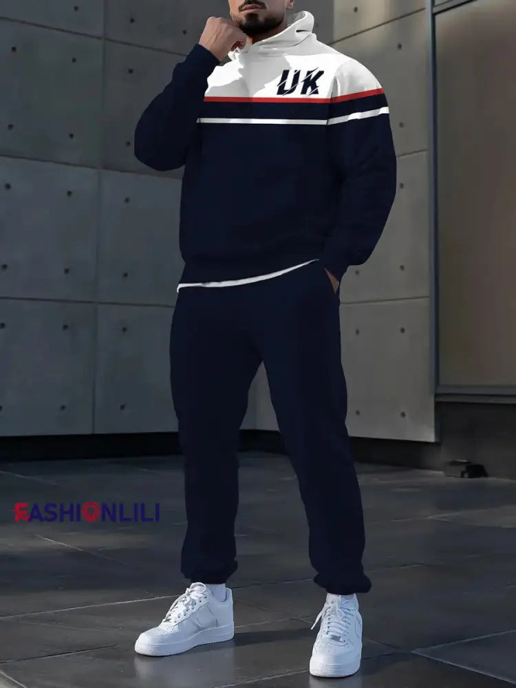 Men’s Casual Hoodie And Pants Set Navy Blue / S