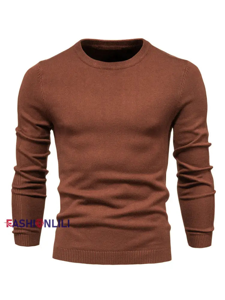 Men’s Casual Solid Color Crew Neck Knitted Sweater Coffee / S