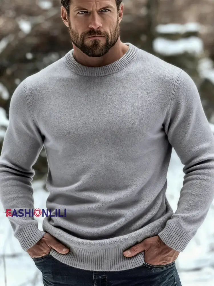 Men’s Casual Solid Color Crew Neck Knitted Sweater Gray / S