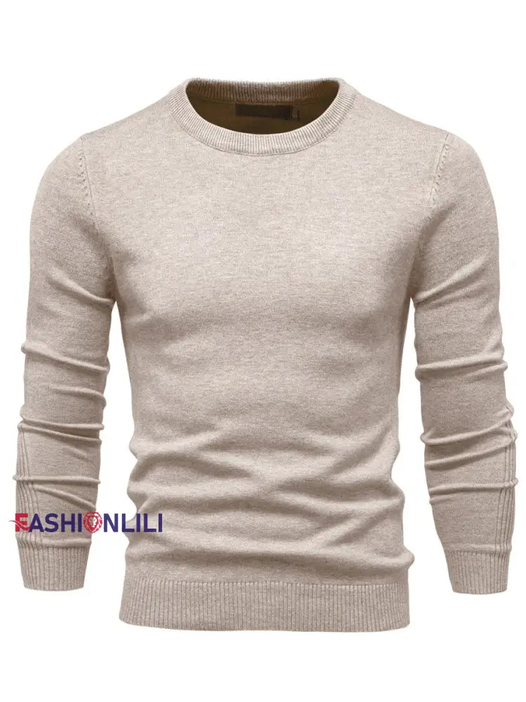 Men’s Casual Solid Color Crew Neck Knitted Sweater Khaki / S