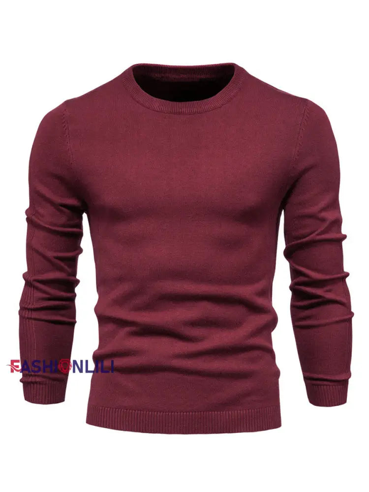 Men’s Casual Solid Color Crew Neck Knitted Sweater Wine Red / S