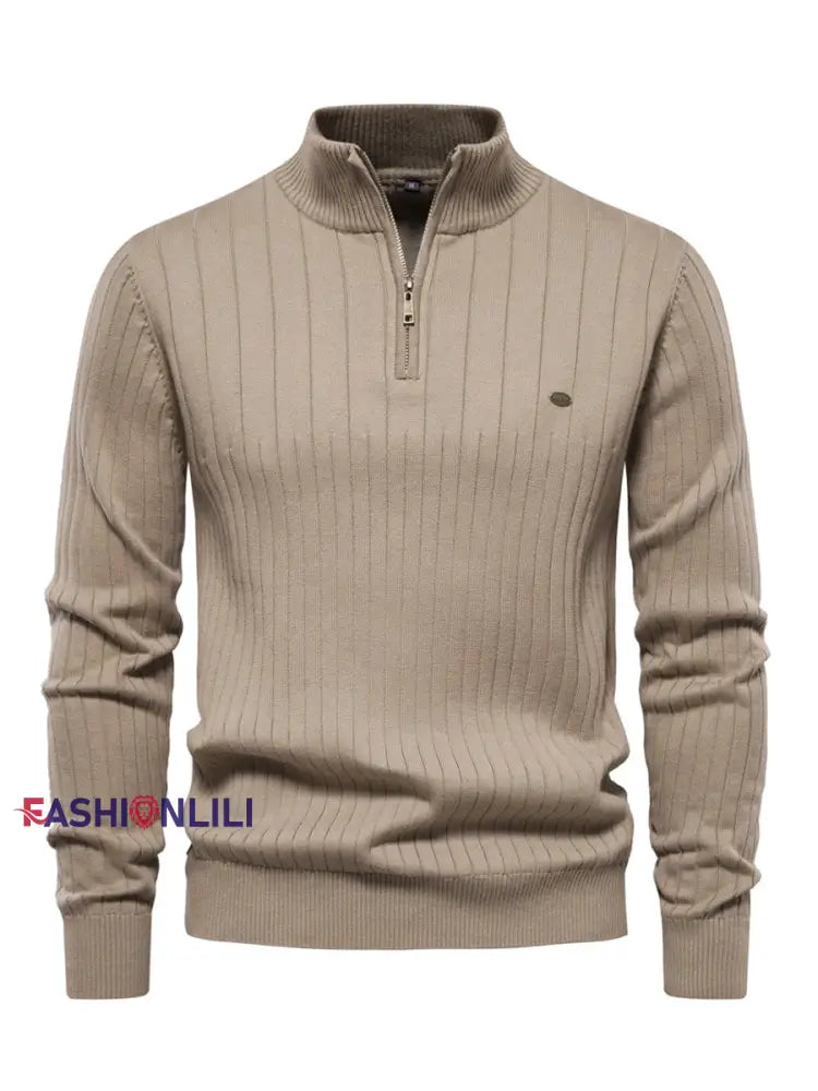 Men’s Casual Solid Color Half-Zip Knitted Pullover Apricot / S