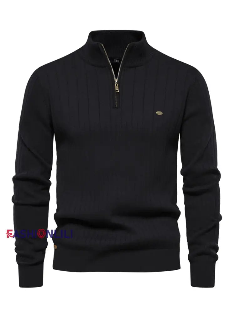 Men’s Casual Solid Color Half-Zip Knitted Pullover Black / S