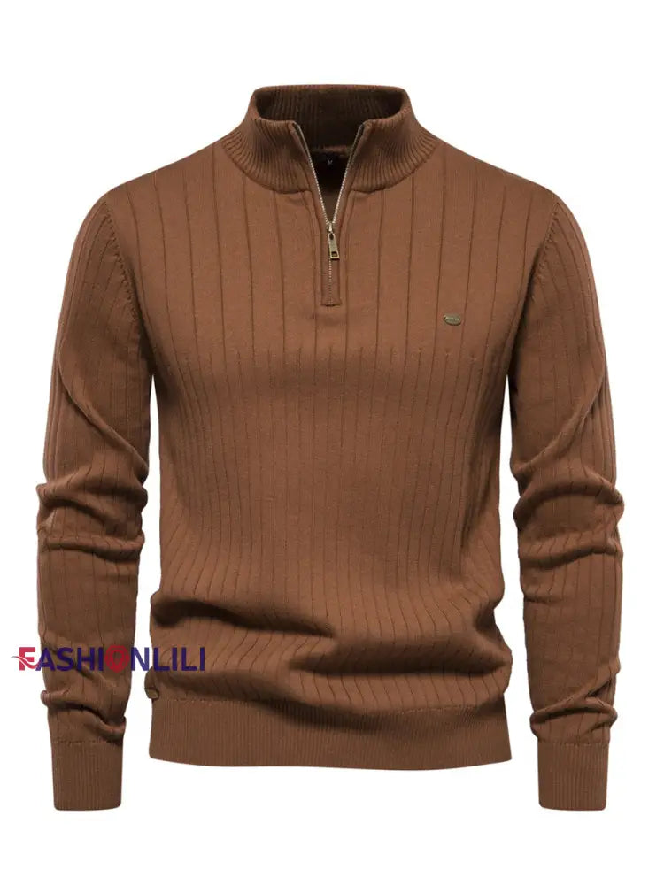 Men’s Casual Solid Color Half-Zip Knitted Pullover Brown / S