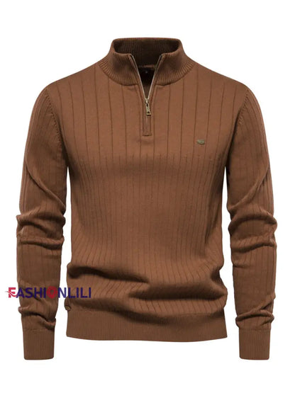 Men’s Casual Solid Color Half-Zip Knitted Pullover Brown / S