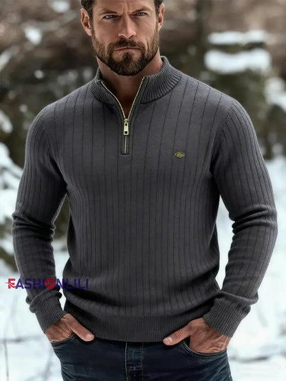 Men’s Casual Solid Color Half-Zip Knitted Pullover Dark Gray / S