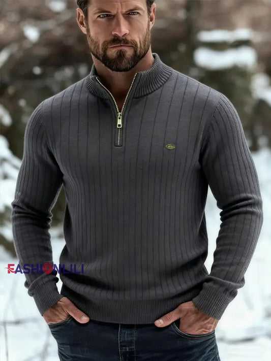 Men’s Casual Solid Color Half-Zip Knitted Pullover Dark Gray / S