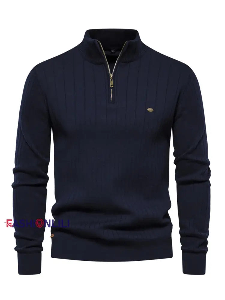 Men’s Casual Solid Color Half-Zip Knitted Pullover Navy Blue / S
