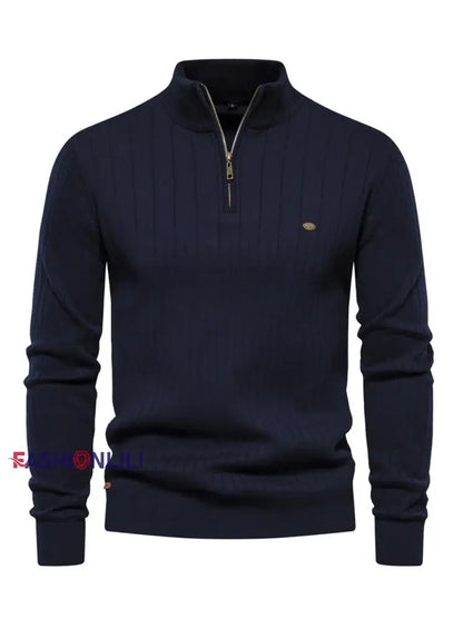 Men’s Casual Solid Color Half-Zip Knitted Pullover Navy Blue / S