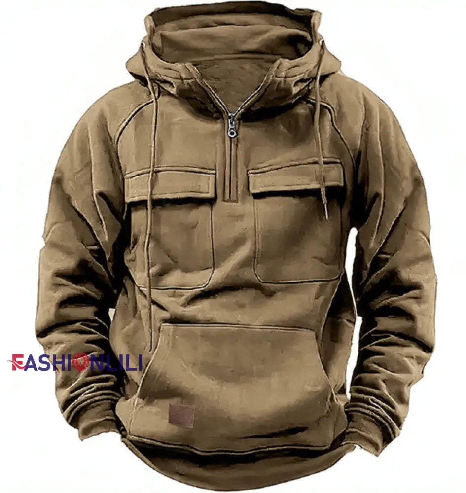Men’s Casual Solid Color Multi-Pocket Hoodie
