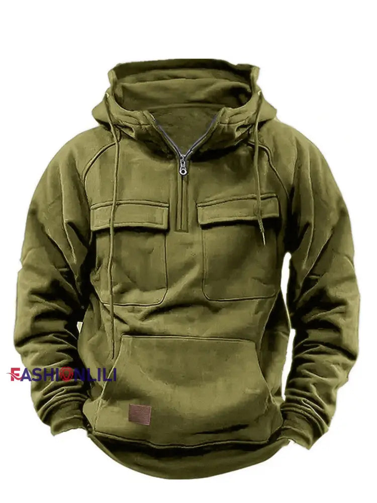 Men’s Casual Solid Color Multi-Pocket Hoodie Army Green / S