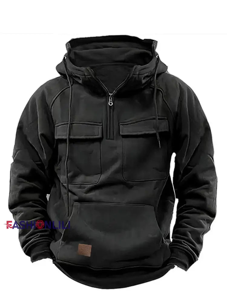 Men’s Casual Solid Color Multi-Pocket Hoodie Black / S