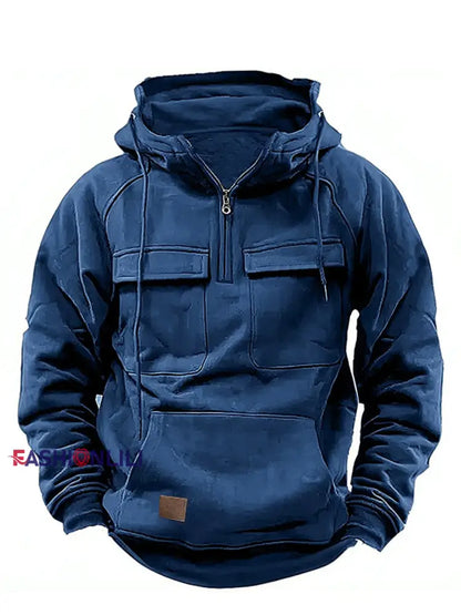 Men’s Casual Solid Color Multi-Pocket Hoodie Blue / S