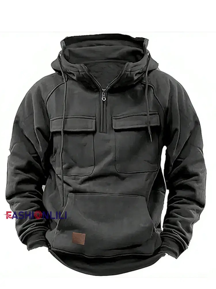 Men’s Casual Solid Color Multi-Pocket Hoodie Dark Gray / S