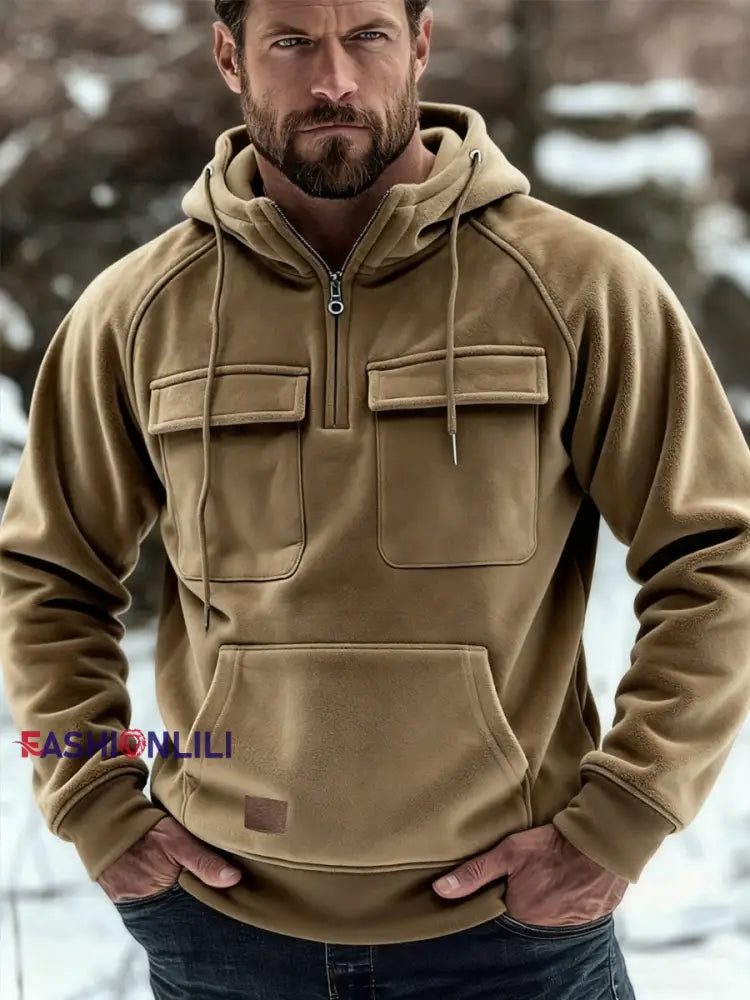 Men’s Casual Solid Color Multi-Pocket Hoodie Khaki / S
