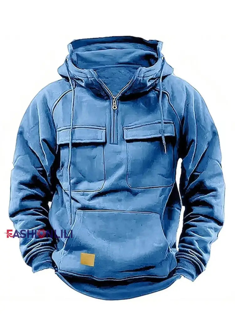 Men’s Casual Solid Color Multi-Pocket Hoodie Light Blue / S