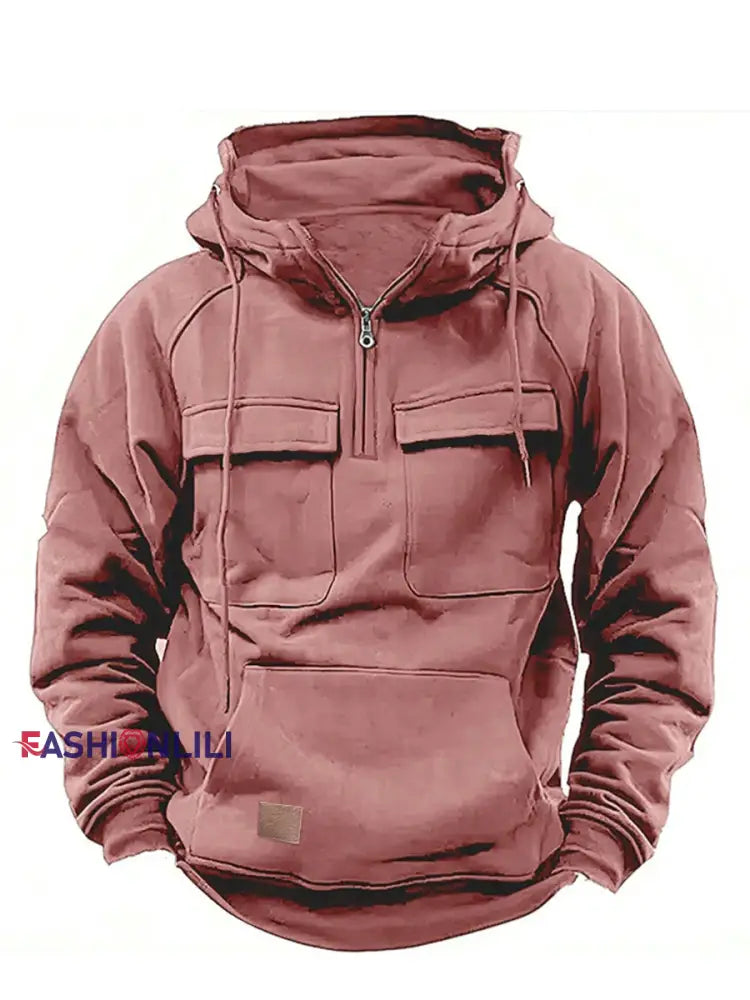 Men’s Casual Solid Color Multi-Pocket Hoodie Pink / S