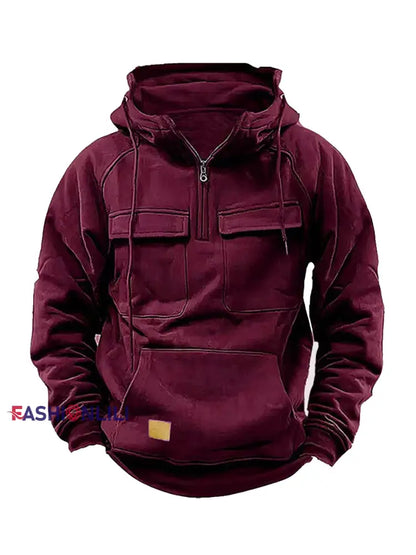 Men’s Casual Solid Color Multi-Pocket Hoodie Wine Red / S